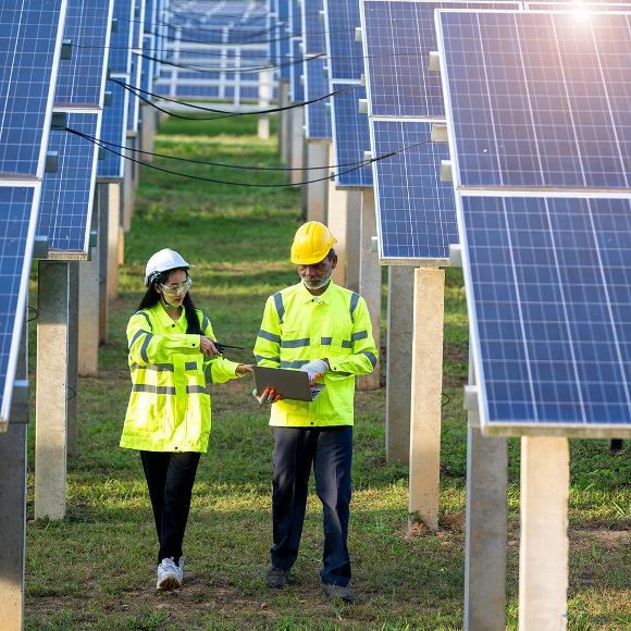 Two workers walking through solar farm with laptop